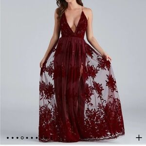 Windsor Morgan Formal Flocked Velvet Dress burgundy small